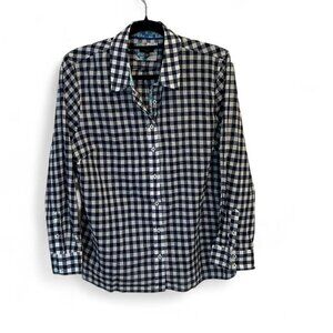 Talbots Navy‎ Blue White Plaid 100% Cotton Button Down Floral Trim XL Petites